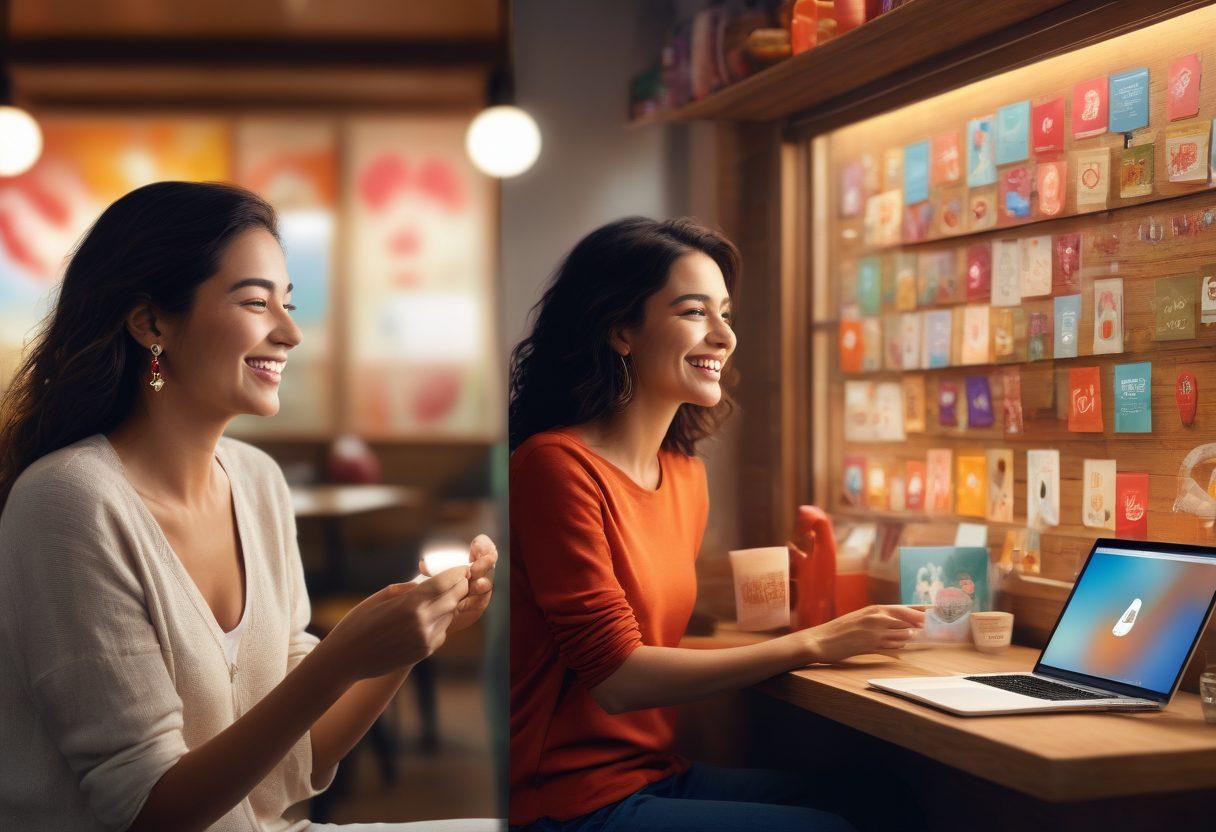 A split canvas showing two contrasting scenes: on one side, a warm, inviting atmosphere with individuals emotionally connecting over products, showcasing smiles and gestures of appreciation; on the other, a digital marketplace with vibrant icons representing affiliate strategies, such as heart symbols and currency signs. Incorporate elements of emotional resonance like glowing connections between people. super-realistic. vibrant colors. soft focus.