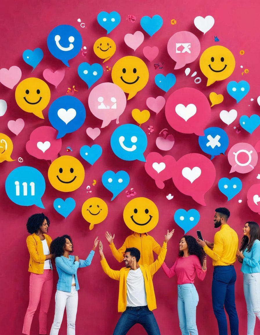 A lively scene depicting a diverse group of people engaging with their emotions through various marketing channels, such as social media, email, and in-person interactions. Include visuals of hearts, smiley faces, and elements symbolizing connection and loyalty, like handshakes or hugs. The background should be dynamic, showcasing vibrant colors that evoke joy and excitement. Incorporate subtle icons representing different marketing strategies creatively blended into the image. 3D style. vibrant colors.